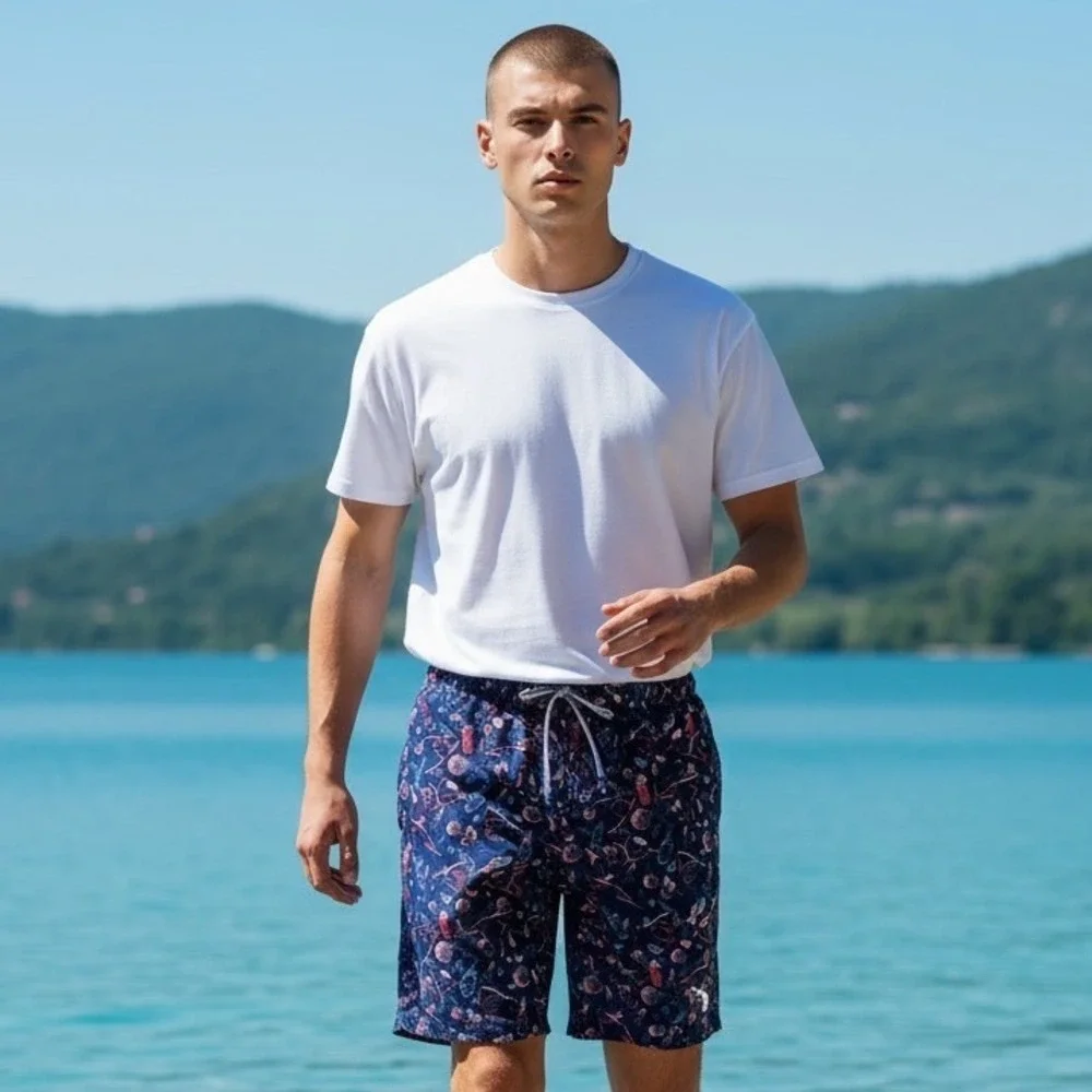 Peter Millar Mens Navy Bloody Mary‎ Cocktail Print Swim Trunks Size Small